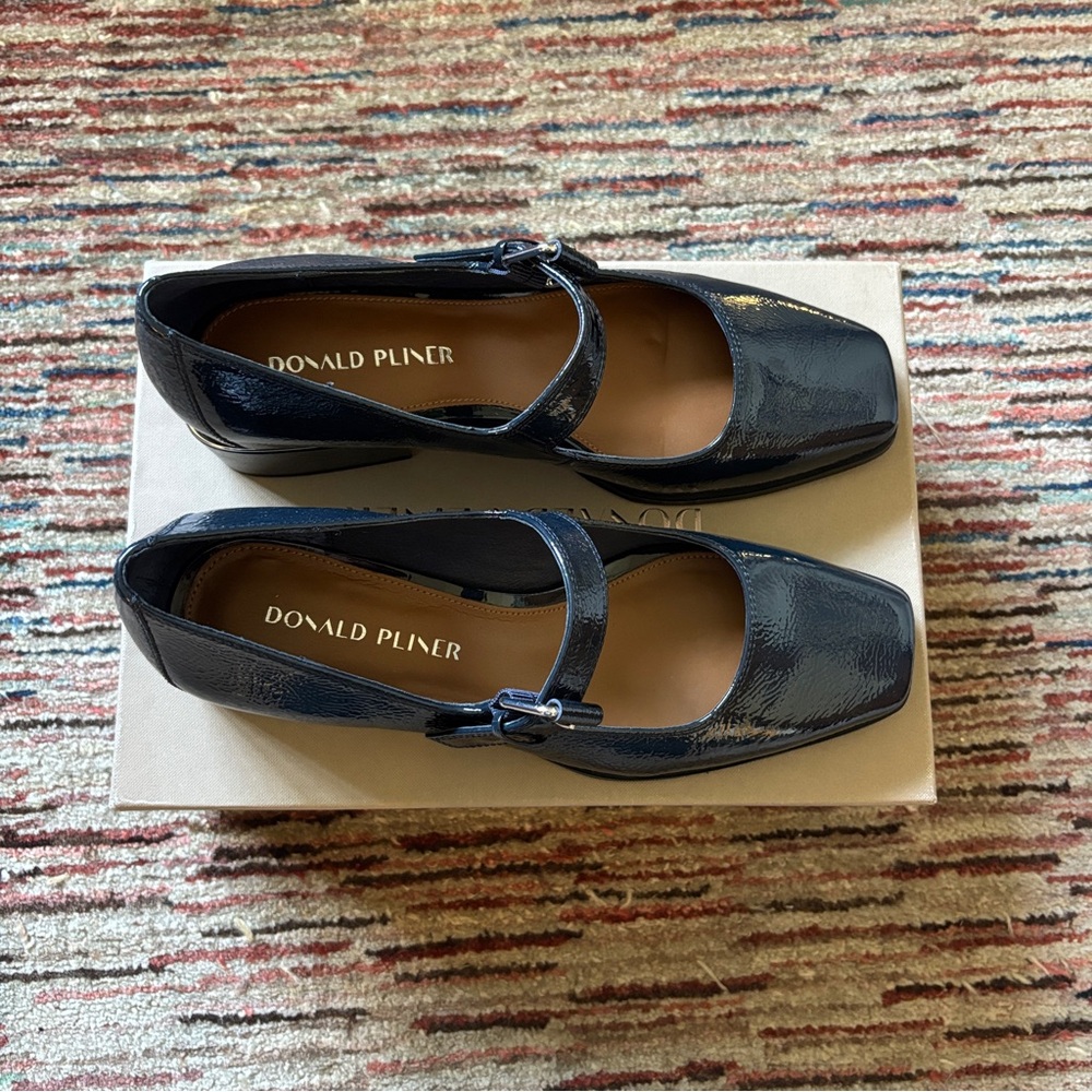 Donald Pliner Mary Jane Pump in Navy Crinkle Patent Leather - Picture 3 of 4